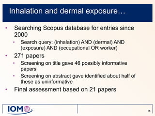 Inhalation and dermal exposure… Searching Scopus database for entries since 2000 Search query: (inhalation) AND (dermal) AND (exposure) AND (occupational OR worker) 271 papers Screening on title gave 46 possibly informative papers Screening on abstract gave identified about half of these as uninformative Final assessment based on 21 papers 