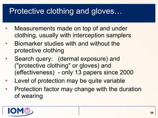Protective clothing and gloves… Measurements made on top of and under clothing, usually with interception samplers Biomarker studies with and without the protective clothing Search query:   (dermal exposure) and ("protective clothing" or gloves) and (effectiveness)  - only 13 papers since 2000 Level of protection may be quite variable Protection factor may change with the duration of wearing 