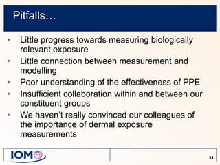 Pitfalls… Little progress towards measuring biologically relevant exposure Little connection between measurement and modelling Poor understanding of the effectiveness of PPE Insufficient collaboration within and between our constituent groups We haven’t really convinced our colleagues of the importance of dermal exposure measurements 