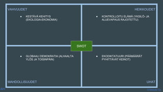 © Metodix Oy
HEIKKOUDETVAHVUUDET
MAHDOLLISUUDET UHAT
SWOT
● KESTÄVÄ KEHITYS
(EKOLOGIA-EKONOMIA)
● KONTROLLOITU ELÄMÄ (YKSILÖ- JA
ALUEVAPAUS RAJOITETTU)
● GLOBAALI DEMOKRATIA (ALHAALTA
YLÖS JA TOISINPÄIN)
● EKODIKTATUURI (PÄÄMÄÄRÄT
PYHITTÄVÄT KEINOT)
AH
 