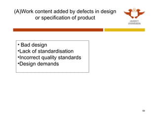 (A)Work content added by defects in design
or specification of product
59
• Bad design
•Lack of standardisation
•Incorrect quality standards
•Design demands
 