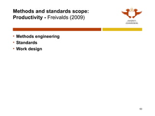Methods and standards scope:
Productivity - Freivalds (2009)
• Methods engineering
• Standards
• Work design
63
 