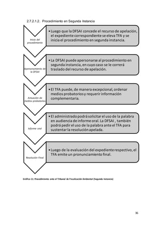 36
2.7.2.1.2. Procedimiento en Segunda Instancia
Gráfico 11: Procedimiento ante el Tribunal de Fiscalización Ambiental (Segunda Instancia)
Inicio del
procedimiento
•Luego que la DFSAI concede el recurso de apelación,
el expediente correspondiente se eleva TFA y se
inicia el procedimiento en segunda instancia.
Apersonamiento de
la DFSAI
•La DFSAI puede apersonarse al procedimiento en
segunda instancia,en cuyo caso se le correrá
traslado del recurso de apelación.
Actuación de
medios probatorios
•El TFA puede, de manera excepcional,ordenar
medios probatoriosy requerir información
complementaria.
Informe oral
•El administradopodrásolicitar el uso de la palabra
en audiencia de informe oral.La DFSAI , también
podrá pedir el uso de la palabra ante el TFA para
sustentarla resoluciónapelada.
Resolución Final
•Luego de la evaluación del expedienterespectivo,el
TFA emite un pronunciamiento final.
 