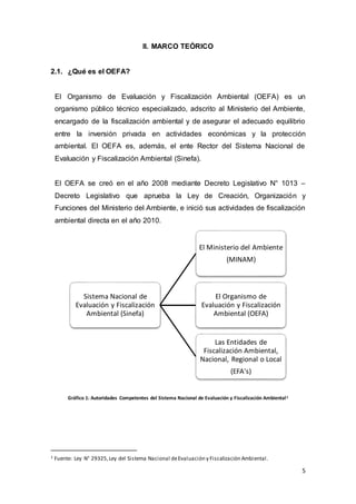 5
II. MARCO TEÓRICO
2.1. ¿Qué es el OEFA?
El Organismo de Evaluación y Fiscalización Ambiental (OEFA) es un
organismo público técnico especializado, adscrito al Ministerio del Ambiente,
encargado de la fiscalización ambiental y de asegurar el adecuado equilibrio
entre la inversión privada en actividades económicas y la protección
ambiental. El OEFA es, además, el ente Rector del Sistema Nacional de
Evaluación y Fiscalización Ambiental (Sinefa).
El OEFA se creó en el año 2008 mediante Decreto Legislativo N° 1013 –
Decreto Legislativo que aprueba la Ley de Creación, Organización y
Funciones del Ministerio del Ambiente, e inició sus actividades de fiscalización
ambiental directa en el año 2010.
Gráfico 1: Autoridades Competentes del Sistema Nacional de Evaluación y Fiscalización Ambiental1
1 Fuente: Ley N° 29325,Ley del Sistema Nacional deEvaluación y Fiscalización Ambiental.
Sistema Nacional de
Evaluación y Fiscalización
Ambiental (Sinefa)
El Ministerio del Ambiente
(MINAM)
El Organismo de
Evaluación y Fiscalización
Ambiental (OEFA)
Las Entidades de
Fiscalización Ambiental,
Nacional, Regional o Local
(EFA's)
 