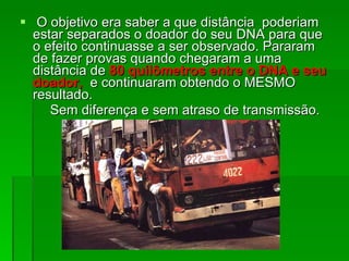 O objetivo era saber a que distância  poderiam estar separados o doador do seu DNA para que o efeito continuasse a ser observado. Pararam de fazer provas quando chegaram a uma distância de  80 quilômetros entre o DNA e seu doador,  e continuaram obtendo o MESMO resultado.  Sem diferença e sem atraso de transmissão .  