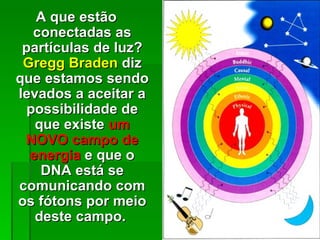 A que estão
   conectadas as
 partículas de luz?
 Gregg Braden diz
que estamos sendo
levados a aceitar a
  possibilidade de
   que existe um
 NOVO campo de
  energia e que o
    DNA está se
comunicando com
os fótons por meio
   deste campo.
 