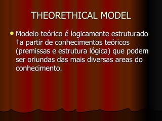 THEORETHICAL MODEL Modelo teórico é logicamente estruturado  a partir de conhecimentos teóricos (premissas e estrutura lógica) que podem ser oriundas das mais diversas areas do conhecimento.  