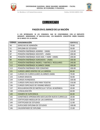 UNIVERSIDAD NACIONAL JORGE BASADRE GROHMANN – TACNA
OFICINA DE ECONOMIA Y FINANZAS
Av. Miraflores S/N Ciudad Universitaria Telefax: 583000 ANEXO 2505
COMUNICADO
PAGOS EN EL BANCO DE LA NACIÓN
A LOS INTERESADOS SE LES COMUNICA QUE DE CONFORMIDAD CON LO DISPUESTO
MEDIANTE MEMORANDO N° 048-2014-VIAD, LOS SIGUIENTES CONCEPTOS SERÁN PAGADOS
EN EL BANCO DE LA NACION.
CODIGO DENOMINACIÓN COSTO S/.
86 PENSIÓN ENSEÑANZA ADMINIS - UNJBG 120.00
87 PENSIÓN ENSEÑANZA DOCENTE - UNJBG 200.00
88 PENSIÓN ENSEÑANZA HIJOS DOC. Y ADM - UNJBG 200.00
89 PENSIÓN ENSEÑANZA EGRESADOS - UNJBG 200.00
90 PENSIÓN ENSEÑANZA PERSOANS BAJOS RECURSOS ECON. 200.00
111 PENSIÓN ENSEÑANZA INGRES. Y MATRICU. REGULARES 240.00
112 PENSIÓN ENSEÑANZA ALUMNOS UNJBG 200.00
113 PENSIÓN ENSEÑANZA POR CONVENIO 200.00
131 CURSOS LIBRES DENTRO DE LA CARRERA 80.00
134 CURSOS AVANZADOS 100.00
135 CURSOS ESPECIALES SPSS PARA TESISTAS 150.00
145 DUPLICADO DIPLOMA DE ESTUDIOS 100.00
 