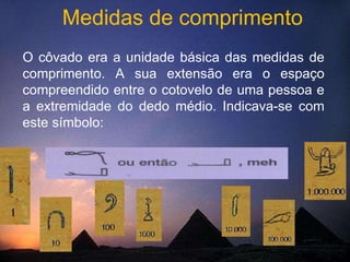 Medidas de comprimento O côvado era a unidade básica das medidas de comprimento. A sua extensão era o espaço compreendido entre o cotovelo de uma pessoa e a extremidade do dedo médio. Indicava-se com este símbolo: 