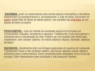 •ESCRIBAS - eram os responsáveis pela escrita egípcia (hieroglífica e demótica). 
Registravam os acontecimentos e, principalmente, a vida do faraó. Escreviam no 
papiro (papel feito de fibras da planta papiro), nas paredes das pirâmides ou em 
placas de barro ou pedra; 
POVO EGÍPCIO - mais da metade da sociedade egípcia era formada por 
comerciantes, artesãos, lavradores e pastores. Trabalhavam muito para ganhar o 
suficiente para a manutenção da vida. Podiam ser convocados pelo faraó para 
trabalharem, sem receber salários, em obras públicas (diques, represas, palácios, 
templos); 
ESCRAVOS - Geralmente eram os inimigos capturados em guerras de conquista. 
Trabalhavam muito e não recebiam salário. Ganhavam apenas roupas velhas e 
alimentos para a sobrevivência. Eram constantemente castigados como forma de 
punição. Eram desprezados pela sociedade e não possuíam direitos. 
 
