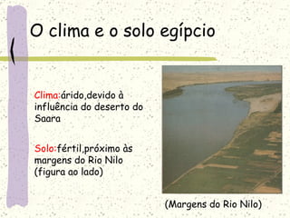 O clima e o solo egípcio (Margens do Rio Nilo) Clima: árido,devido à  influência do deserto do  Saara Solo: fértil,próximo às  margens do Rio Nilo (figura ao lado) 
