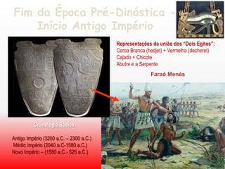 Época Pré-DinásticaNomos – aldeias independentesNecessidade de construção das grandes obras hidráulicas de regadioGuerras entre os Nomos – centralização políticaReino do Alto Egito e do Baixo Egito