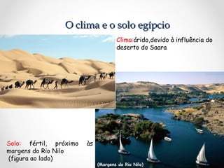 O clima e o solo egípcio
Clima:árido,devido à influência do
deserto do Saara

Solo: fértil, próximo
margens do Rio Nilo
(figura ao lado)

às
(Margens do Rio Nilo)

 