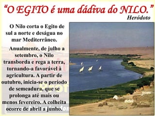 “O EGITO é uma dádiva do NILO.”
Heródoto
O Nilo corta o Egito de
sul a norte e deságua no
mar Mediterrâneo.
Anualmente, de julho a
setembro, o Nilo
transborda e rega a terra,
tornando-a favorável à
agricultura. A partir de
outubro, inicia-se o período
de semeadura, que se
prolonga até mais ou
menos fevereiro. A colheita
ocorre de abril a junho.
 
