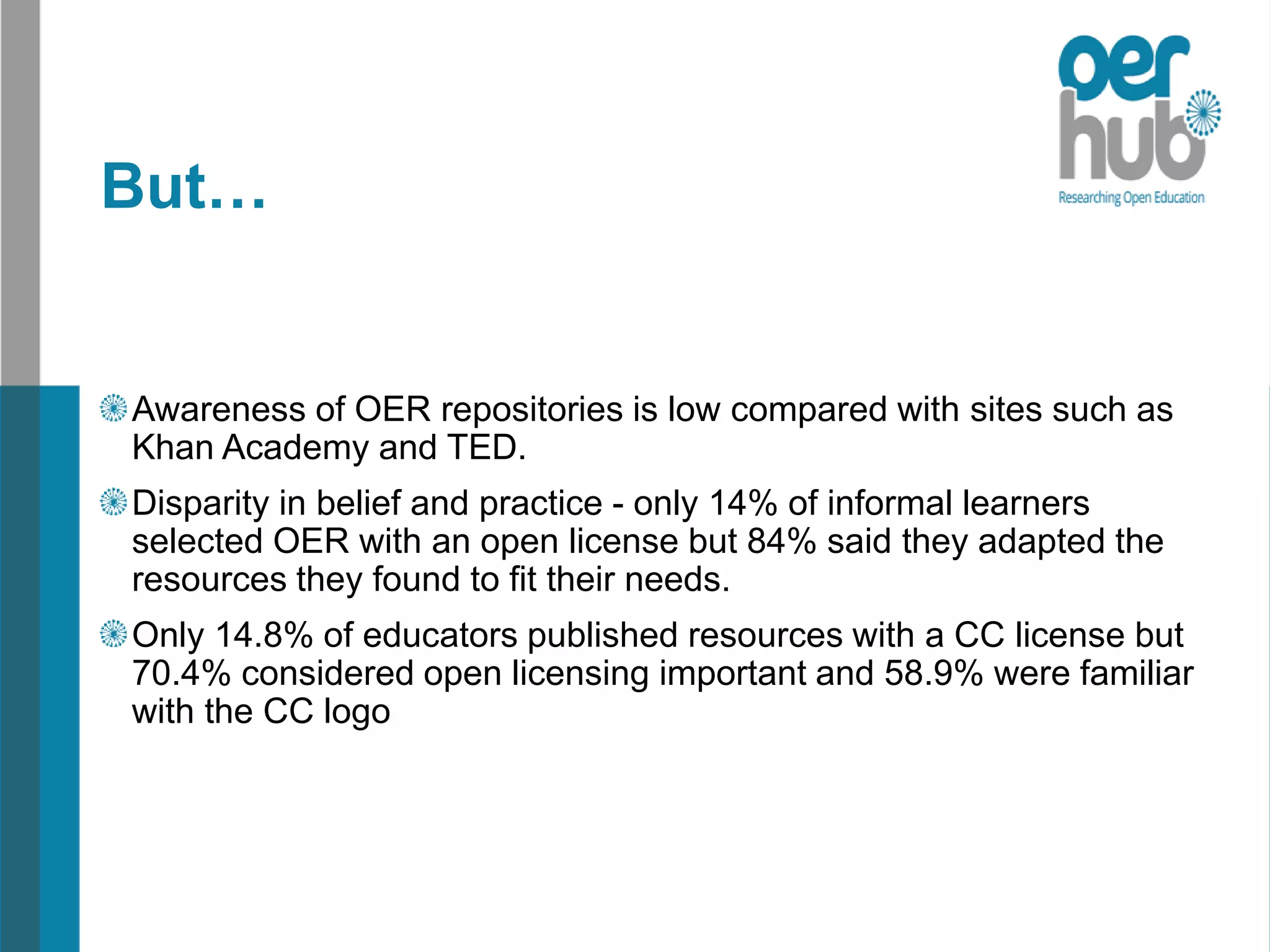 But…
Awareness of OER repositories is low compared with sites such as
Khan Academy and TED.
Disparity in belief and practice - only 14% of informal learners
selected OER with an open license but 84% said they adapted the
resources they found to fit their needs.
Only 14.8% of educators published resources with a CC license but
70.4% considered open licensing important and 58.9% were familiar
with the CC logo
 