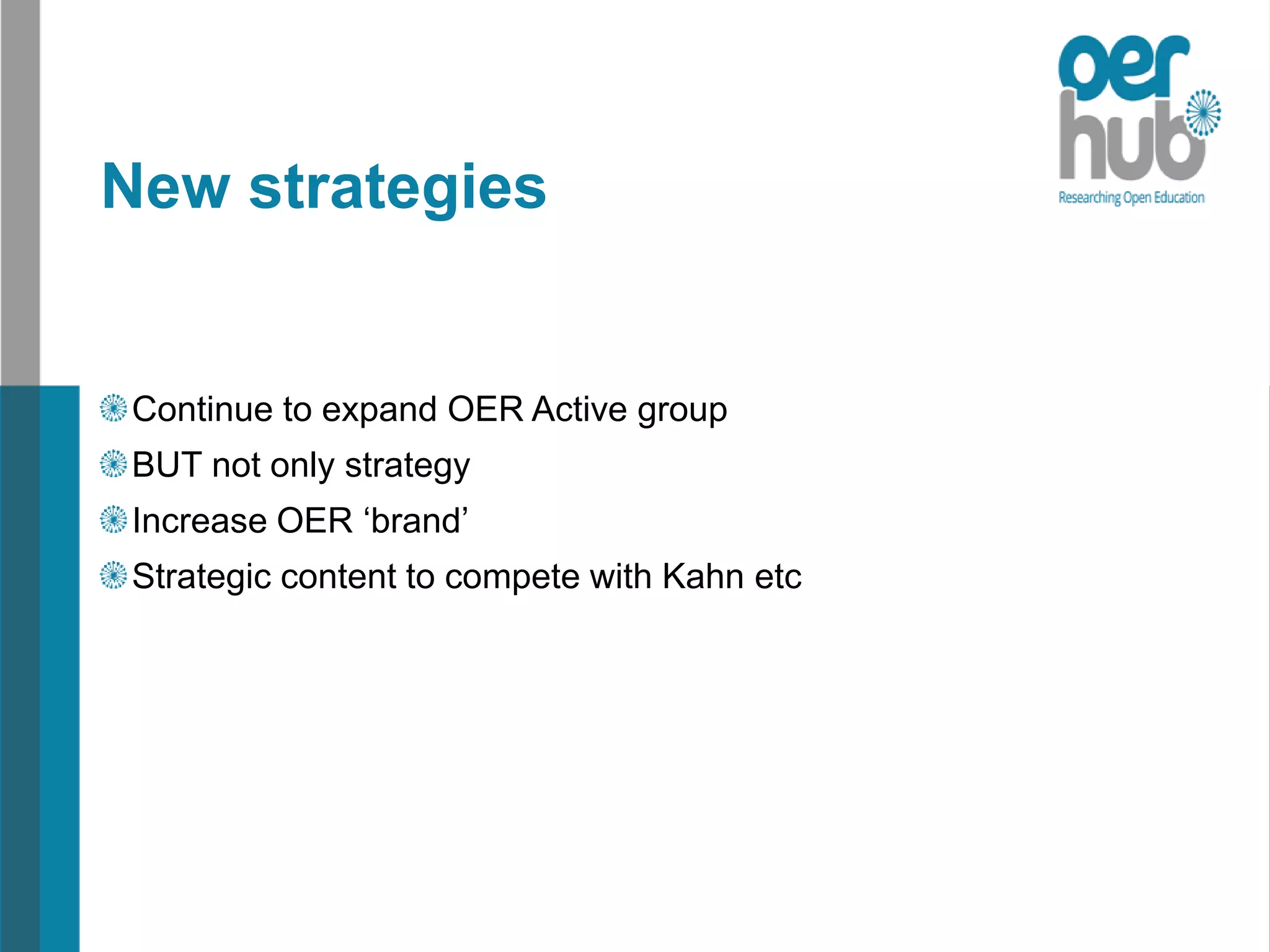 New strategies
Continue to expand OER Active group
BUT not only strategy
Increase OER ‘brand’
Strategic content to compete with Kahn etc
 