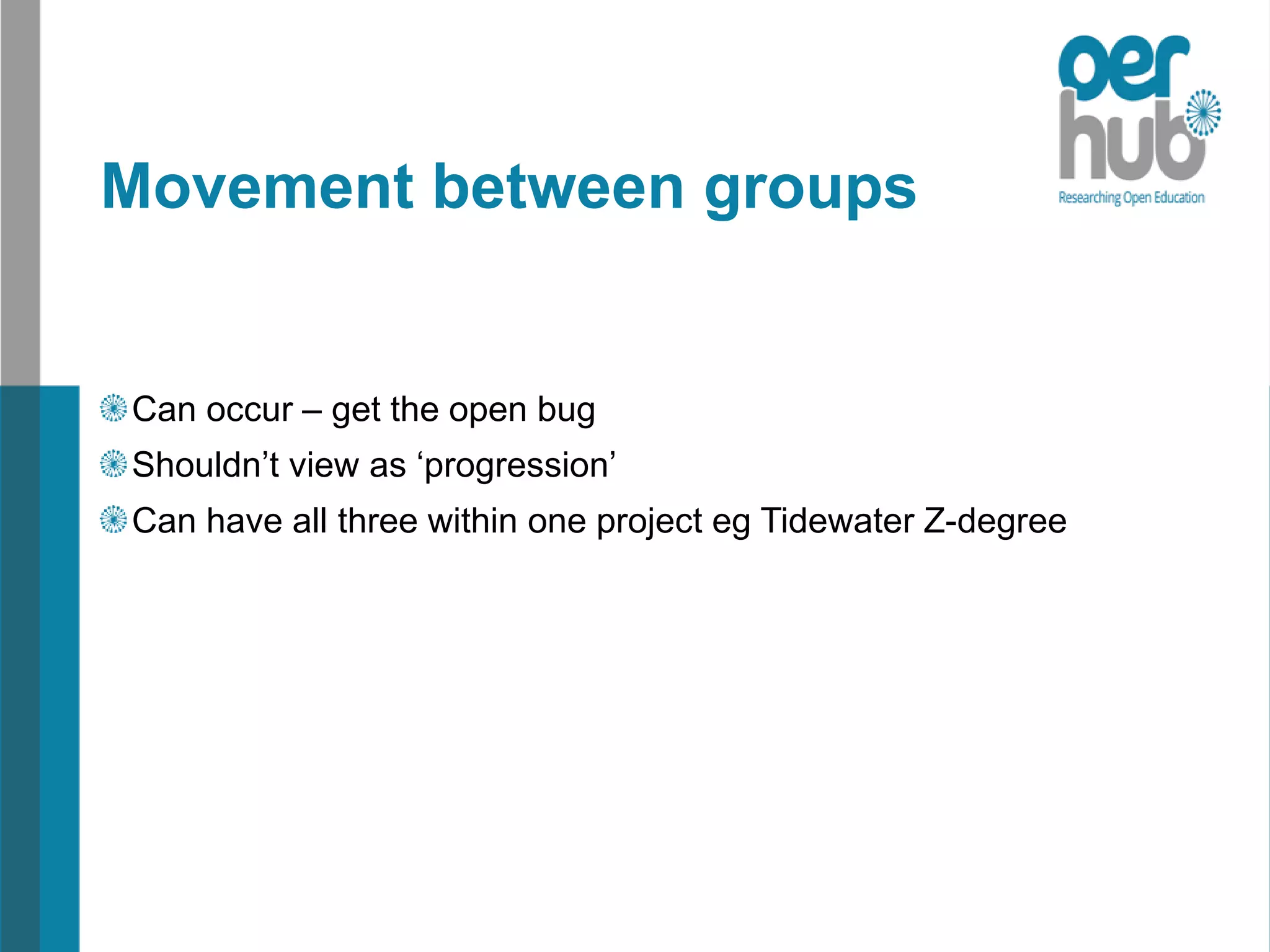Movement between groups
Can occur – get the open bug
Shouldn’t view as ‘progression’
Can have all three within one project eg Tidewater Z-degree
 