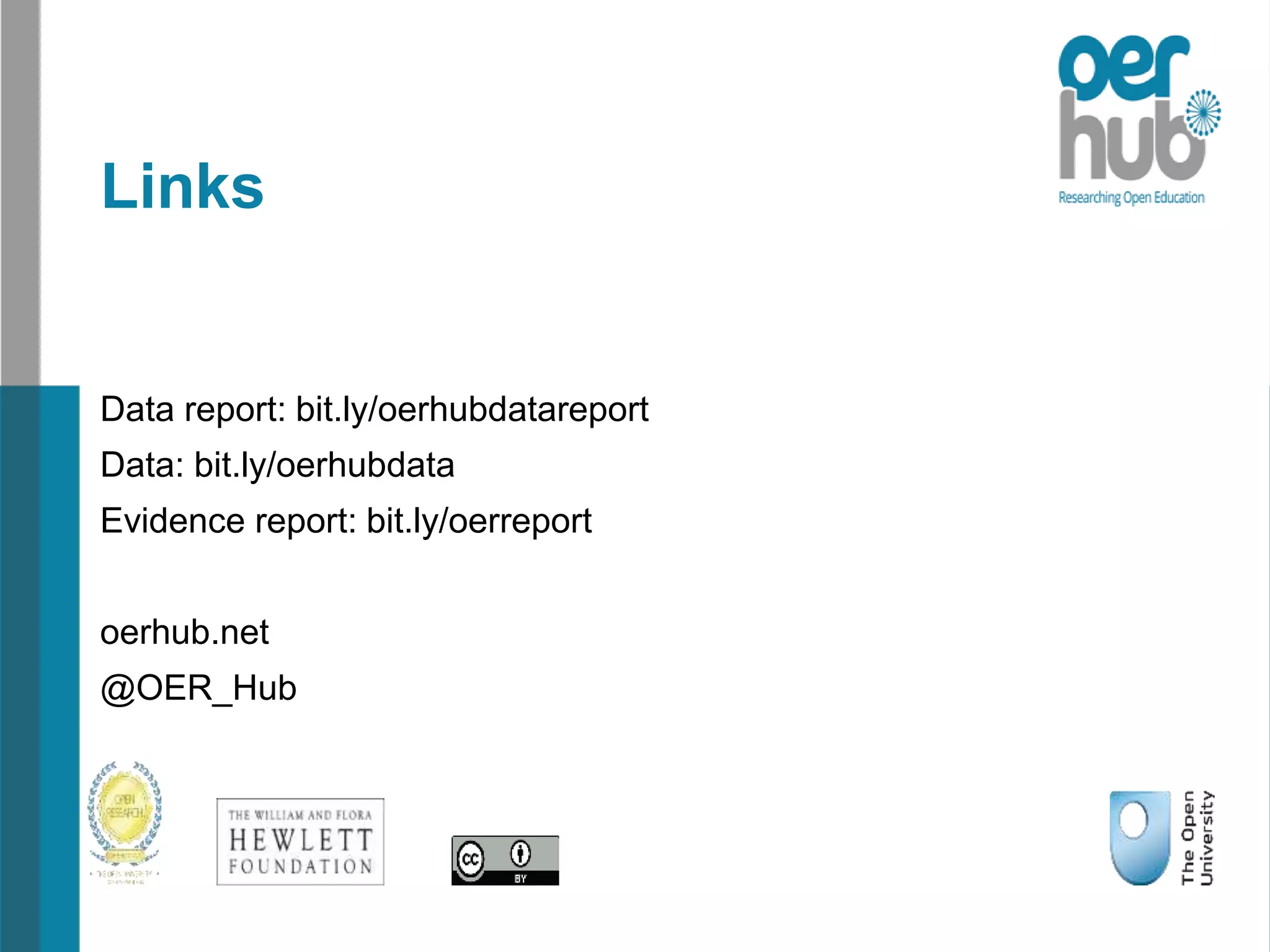 Links
Data report: bit.ly/oerhubdatareport
Data: bit.ly/oerhubdata
Evidence report: bit.ly/oerreport
oerhub.net
@OER_Hub
 