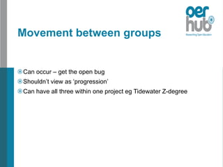Movement between groups
Can occur – get the open bug
Shouldn’t view as ‘progression’
Can have all three within one project eg Tidewater Z-degree
 