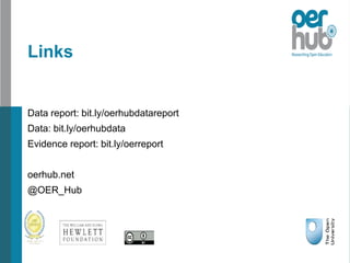Links
Data report: bit.ly/oerhubdatareport
Data: bit.ly/oerhubdata
Evidence report: bit.ly/oerreport
oerhub.net
@OER_Hub
 
