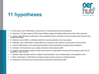 11 hypotheses
A - Performance: Use of OER leads to improvement in student performance and satisfaction
B - Openness: The Open Aspect of OER creates different usage and adoption patterns than other online resources
C - Access: Open Education models lead to more equitable access to education, serving a broader base of learners than
traditional education
D - Retention: Use of OER is an effective method for improving retention for at-risk students
E - Reflection: Use of OER leads to critical reflection by educators, with evidence of improvement in their practice
F - Finance: OER adoption at an institutional level leads to financial benefits for students and/or institutions
G - Indicators: Informal learners use a variety of indicators when selecting OER
H - Support: Informal learners adopt a variety of techniques to compensate for the lack of formal support, which can be
supported in open courses
I - Transition: Open education acts as a bridge to formal education, and is complementary, not competitive, with it
J - Policy: Participation in OER pilots and programs leads to policy change at an institutional level
K - Assessment: Informal means of assessment are motivators to learning with OER
 