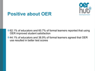 Positive about OER
62.1% of educators and 60.7% of formal learners reported that using
OER improved student satisfaction
44.1% of educators and 38.9% of formal learners agreed that OER
use resulted in better test scores
 