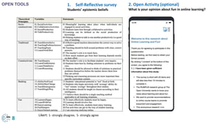 1. Self-Reflective survey
Students’ epistemic beliefs
8
OPEN TOOLS 2. Open Activity (optional)
What is your opinion about fun in online learning?
Likert: 1- strongly disagree, 5- strongly agree
 