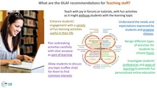 What are the OLAF recommendations for Teaching staff?
Enhance students’
engagement with a variety
of fun learning activities
useful in their life.
Allow students to discuss
any topic (coffee chat)
for them to find
common interests
Investigate students’
preferences and ways of
learning to promote fun
personalised online education
Understand the needs and
expectations expressed by
students and propose
choices.
Design different types
of activities for
students to
choose freely
Plan icebreaking
activities carefully
with clear purpose
as part of learning
Teach with joy in forums or tutorials, with fun activities
as it might enthuse students with the learning topic
19
 