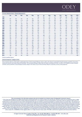 12 Upper Grosvenor Street, London, W1K 2ND ~ Tel +44 (20) 7208-1400 Fax: +44 (20) 7208-1401 ~ www.odey.com
Authorised and Regulated by the Financial Conduct Authority
This communication is for information purposes only and not intended to be viewed as a piece of independent investment research.
© 2015 Odey Asset Management LLP (“OAM”) has approved this communication which is for private circulation only, and in the UK is directed to persons who are professional clients or eligible
counterparties for the purposes of the FCA’s Conduct of Business Sourcebook and it is not intended for and must not be distributed to retail clients. It does not constitute an offer to sell or an
invitation to buy or invest in any of the securities or funds mentioned herein and it does not constitute a personal recommendation or investment taxation or any other advice. The information and
any opinions have been obtained from or are based on sources believed to be reliable, but accuracy cannot be guaranteed. Past performance does not guarantee future results and the value of all
investments and the income derived therefrom can decrease as well as increase. Investments that have an exposure to currencies other than the base currency of the fund may be subject to exchange
rate fluctuations. This communication and the information contained therein may constitute a financial promotion for the purposes of the Financial Services and Markets Act 2000 of the United
Kingdom (the “Act”) and the rules of the FCA. This communication is not subject to any restrictions on dealing ahead. The distribution of this communication may, in some countries, be restricted by
law or regulation. Accordingly, anyone who comes into possession of this communication should inform themselves of and observe these restrictions. OAM is not liable for a breach of such
restrictions or for any losses relating to the accuracy, completeness or use of information in this communication, including any consequential loss. Please always refer to the fund’s prospectus. OAM
whose company No. is OC302585 and whose registered office is at 12 Upper Grosvenor Street, London, W1K 2ND, is authorised and regulated by the Financial Conduct Authority.
The investment objective of the Fund is capital appreciation. The Investment Manager seeks to achieve this objective principally through managing a portfolio of securities,
bonds and currencies and related financial instruments. The Investment Manager expects that the Fund's investments will tend, over time, to be weighted towards European
securities with investments in non-European securities subject to the limits set out in the Investment Objective and Policy section of the prospectus.
Internal unaudited figures.
Jan Feb Mar Apr May Jun Jul Aug Sep Oct Nov Dec YTD
1992 -3.6 0.2 1.4 5.7 12.0 -3.8 0.9 12.5
1993 0.7 2.5 5.4 1.8 3.6 5.7 3.6 6.4 -2.5 9.1 1.3 11.6 60.4
1994 5.7 -9.8 -11.7 -2.3 -9.8 5.9 -4.9 -7.2 0.9 -8.0 -6.6 -5.9 -43.4
1995 1.0 -1.8 7.1 2.1 0.7 -14.1 -1.7 6.3 3.0 3.5 6.3 1.5 12.6
1996 1.7 -6.4 1.8 9.0 1.7 7.5 -2.7 6.4 3.0 8.0 11.2 4.1 53.9
1997 6.3 10.6 -5.0 4.9 9.6 5.9 2.5 -1.5 6.7 1.9 -3.3 5.3 51.8
1998 5.4 4.0 16.7 -2.4 6.3 -4.2 2.4 -6.3 0.3 2.7 -1.8 2.4 26.3
1999 -0.2 -0.2 -0.4 3.1 -0.5 -0.4 1.3 0.3 -2.4 -2.9 2.8 5.5 5.9
2000 0.1 -0.1 -1.8 2.2 3.6 0.9 2.3 1.4 0.1 3.4 3.8 1.5 18.7
2001 0.2 3.2 -0.4 -1.4 -0.7 0.6 0.0 1.0 1.1 -1.4 2.8 1.3 6.3
2002 0.3 2.8 1.4 4.2 0.7 1.6 -1.1 1.1 -0.2 1.5 1.9 -1.8 12.9
2003 -0.1 -0.7 0.4 3.2 3.0 0.3 0.8 1.3 1.9 0.3 -0.9 0.5 10.2
2004 0.6 -0.2 -1.5 -3.2 1.6 -0.4 1.7 0.9 -0.5 1.1 1.7 -1.8 0.0
2005 -0.3 3.1 0.4 0.0 -1.0 -0.1 1.1 1.8 3.2 -2.8 -0.9 2.4 7.0
2006 3.7 -2.1 2.7 2.5 -4.6 -0.7 2.2 -1.8 -4.5 1.3 0.1 0.2 -1.5
2007 -0.2 -0.8 5.3 4.4 8.3 5.5 1.6 2.0 7.4 1.4 3.5 6.7 54.8
2008 -0.4 6.6 -0.5 1.8 2.6 4.6 -5.0 -0.7 -2.7 -2.6 4.2 3.0 10.9
2009 -3.0 -4.5 5.3 27.7 8.3 -2.7 5.0 6.5 1.9 -10.2 -1.7 1.3 33.7
2010 -0.6 1.1 1.9 -1.1 -10.9 -2.0 3.2 -6.3 4.9 2.9 1.6 6.6 -0.1
2011 3.4 2.2 -2.8 3.5 -2.5 0.1 -5.3 -13.5 -8.3 10.3 -5.1 -2.8 -20.6
2012 8.1 7.6 2.9 -1.0 -5.6 1.2 -3.0 5.1 3.6 3.1 2.8 3.2 30.7
2013 9.2 2.0 3.5 1.3 5.1 -7.1 2.3 -2.5 2.2 1.8 3.4 2.8 25.8
2014 -1.7 4.6 -7.3 -7.9 0.3 -0.6 -1.6 0.5 9.8 -5.6 5.3 11.7 5.5
2015 3.6 -6.4 4.6 -19.3 -18.2
 