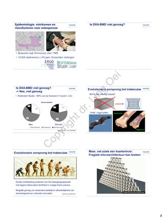 4
Epidemiologie: vóórkomen en
risicofactoren voor osteoporose
• Bewoners wijk Ommoord, start 1989
• 14.926 deelnemers (>45 jaar). Duizenden metingen
Is DXA-BMD niet genoeg?
Is DXA-BMD niet genoeg?
-> Nee, niet genoeg
• Rotterdam Studie: ~80% van de fracturen (T-score> -2.5)
Trajanoska, Oei, ... et al. Submitted
Men Women
Evolutionaire oorsprong bot trabeculae
Bot is niet volledig massief
“Holle” vogel botten
Eerste ontwikkeling anatomie van het bewegingsapparaat
met lagere trabeculaire dichtheid in vroege Homo erectus
Mogelijk gevolg van sedentaire leefstijl en afhankelijkheid van
technologische en culturele innovaties Chirchir et al. PNAS 2015
Evolutionaire oorsprong bot trabeculae Maar, net zoals een kaartenhuis:
Fragiele microarchitectuur kan breken
C
opyrightdr.Ling
O
ei
 