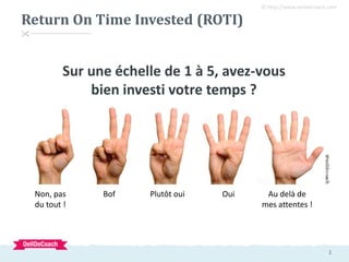 1
© http://www.oeildecoach.com

Return On Time Invested (ROTI)
Sur une échelle de 1 à 5, avez-vous
bien investi votre temps ?
Non, pas
du tout !
Bof Plutôt oui Oui Au delà de
mes attentes !
 