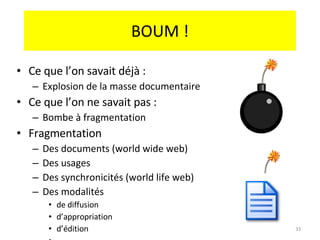 BOUM ! Ce que l’on savait déjà : Explosion de la masse documentaire Ce que l’on ne savait pas :  Bombe à fragmentation Fragmentation Des documents (world wide web) Des usages Des synchronicités (world life web) Des modalités  de diffusion d’appropriation d’édition … 