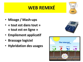 WEB REMIXÉ Mixage / Mash-ups  « tout est dans tout » « tout est en ligne » Empilement applicatif Brassage logiciel Hybridation des usages  
