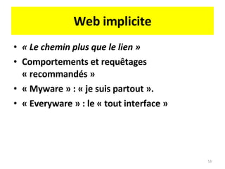 Web implicite « Le chemin plus que le lien » Comportements et requêtages « recommandés » « Myware » : « je suis partout ».  « Everyware » : le « tout interface » 