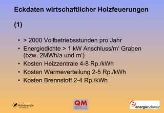 Eckdaten wirtschaftlicher Holzfeuerungen  (1) > 2000 Vollbetriebsstunden pro Jahr Energiedichte > 1 kW Anschluss/m‘ Graben  (bzw. 2MWh/a und m’) Kosten Heizzentrale 4-8 Rp./kWh Kosten Wärmeverteilung 2-5 Rp./kWh Kosten Brennstoff 2-4 Rp./kWh 