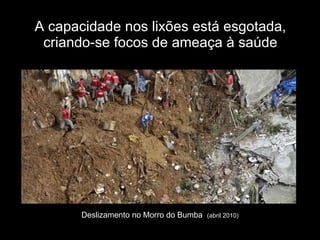 A capacidade nos lixões está esgotada, criando-se focos de ameaça à saúde Deslizamento no Morro do Bumba  (abril 2010) 