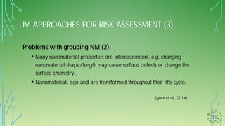 IV. APPROACHES FOR RISK ASSESSMENT (3)
Problems with grouping NM (2):
• Many nanomaterial properties are interdependent, e.g. changing
nanomaterial shape/length may cause surface defects or change the
surface chemistry.
• Nanomaterials age and are transformed throughout their life-cycle.
(Lynch et al., 2014).
 