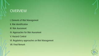 OVERVIEW
I. Elements of Risk Management
II. Risk Identification
III. Risk Assessment
IV. Approaches for Risk Assessment
V. Hazard Control
VI. Regulatory approaches on Risk Management
VII. Final Remark
 