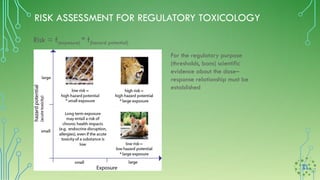 RISK ASSESSMENT FOR REGULATORY TOXICOLOGY
Risk = f(exposure) * f(hazard potential)
For the regulatory purpose
(thresholds, bans) scientific
evidence about the dose–
response relationship must be
established
 