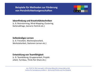 Jun.-Prof. Dr. Dirk Loerwald • Christian Albrechts-Universität zu Kiel
Institut für Sozialwissenschaften • Wirtschaft/Politik und ihre Didaktik
Beispiele für Methoden zur Förderung
von Persönlichkeitseigenschaften
Selbständiges Lernen
(z. B. Freiarbeit, Wochenplanarbeit,
Werkstattarbeit, Stationen Lernen etc.)
Entwicklung von Teamfähigkeit
(z. B. Teambildung, Gruppenarbeit, Projekt-
arbeit, Turmbau, Think-Pair-Share etc.)
Ideenfindung und Kreativitätstechniken
(z. B. Brainstorming, Mind-Mapping, Clustering,
Kartenabfrage, Szenario-Technik etc.)
 