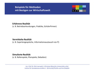Jun.-Prof. Dr. Dirk Loerwald • Christian Albrechts-Universität zu Kiel
Institut für Sozialwissenschaften • Wirtschaft/Politik und ihre Didaktik
Beispiele für Methoden
mit Bezügen zur Wirtschaftswelt
Vermittelte Realität
(z. B. Expertengespräche, Informationsaustausch via IT)
Simulierte Realität
(z. B. Rollenspiele, Planspiele, Debatten)
Erfahrene Realität
(z. B. Betriebserkundungen, Praktika, Schülerfirmen)
 