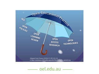 The evolution of ‘open’ in higher ed.
• Distance education (anywhere, anytime, no
pre-requisites for entry and alternative...