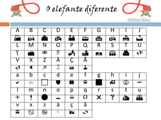 O elefante diferente

A   B   C   D   E   F   G   H   I   J
A   B   C   D   E   F   G   H   I   J
L   M   N   O   P   Q   R   S   T   U
L   M   N   O   P   Q   R   S   T   U
V   X   Z   À   Ç   Ã
V   X   Z         
a   b   c   d   e   f   g   h   i   j
a   b   c   d   e   f   g   h   i   j
l   m   n   o   p   q   r   s   t   u
l   m   n   o   p   q   r   s   t   u
v   x   z   à   ç   ã
v   x   z         
 