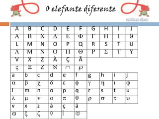 O elefante diferente

  A     B   C      D     E   F   G   H       I   J
  A     B   C      D     E   F   G   H       I   J
  L    M    N      O     P   Q   R   S       T   U
  L    M    N     O      P   Q   R   S       T   U
  V     X   Z      À     Ç   Ã
  V     X   Z              
a     b     c    d     e     f   g   h   i       j
a     b     c    d     e     f   g   h   i       j
l     m     n    o     p     q   r   s   t       u
l     m     n    o     p     q   r   s   t       u
v     x     z    à     ç     ã
v     x     z              
 
