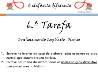 O elefante diferente



                 6.ª Tarefa
           Conhecimento Explícito -Nomes


1. Escreve no interior da casa do elefante todos os nomes no grau
   normal que encontrares na história.
2. Escreve nos ramos da árvore todos os nomes no grau diminutivo
   que encontrares na história.
 