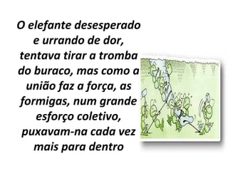 O elefante desesperado
e urrando de dor,
tentava tirar a tromba
do buraco, mas como a
união faz a força, as
formigas, num grande
esforço coletivo,
puxavam-na cada vez
mais para dentro
 