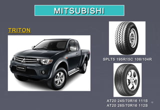 MITSUBISHI

TRITON




                  SPLT5 195R15C 106/104R




                      AT20 245/70R16 111S   16
                      AT20 265/70R16 112S
 