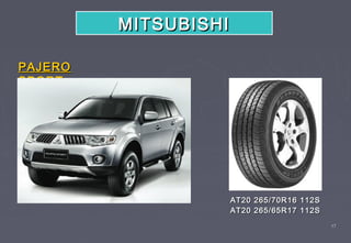 MITSUBISHI

PAJERO
SPORT




                      AT20 265/70R16 112S
                      AT20 265/65R17 112S
                                            17
 