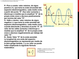 P.- Pico o cresta: valor máximo, de signo
positivo (+), que toma la onda sinusoidal del
espectro electromagnético, cada medio ciclo,
a partir del punto “0”. Ese valor aumenta o
disminuye a medida que la amplitud “A” de la
propia onda crece o decrece positivamente
por encima del valor "0".
V.- Valle o vientre: valor máximo de signo
negativo (–) que toma la onda senoidal del
espectro electromagnético, cada medio ciclo,
cuando desciende y atraviesa el punto “0”. El
valor de los valles aumenta o disminuye a
medida que la amplitud “A” de la propia onda
crece o decrece negativamente por debajo del
valor "0".
N.- Nodo: Valor "0" de la onda senoidal.
La longitud de una onda del espectro
electromagnético se representa por medio de
la letra griega lambda. ( ) y su valor se puede
hallar empleando la siguiente fórmula
matemática:
c = Velocidad de la luz en el vacío (300.000 km/seg).
f = Frecuencia de la onda en hertz (Hz).
lambda = Longitud de onda en metros.
c = Velocidad de la luz en el vacío
(300.000 km/seg).
f = Frecuencia de la onda en hertz (Hz).
 