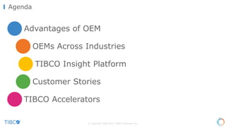 © Copyright 2000-2017 TIBCO Software Inc.
Agenda
Advantages of OEM
OEMs Across Industries
TIBCO Insight Platform
Customer Stories
TIBCO Accelerators
 